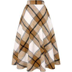 Womens Khaki Elastic Waist A-Line Pleated Tartan Long Plaid Wool Skirts